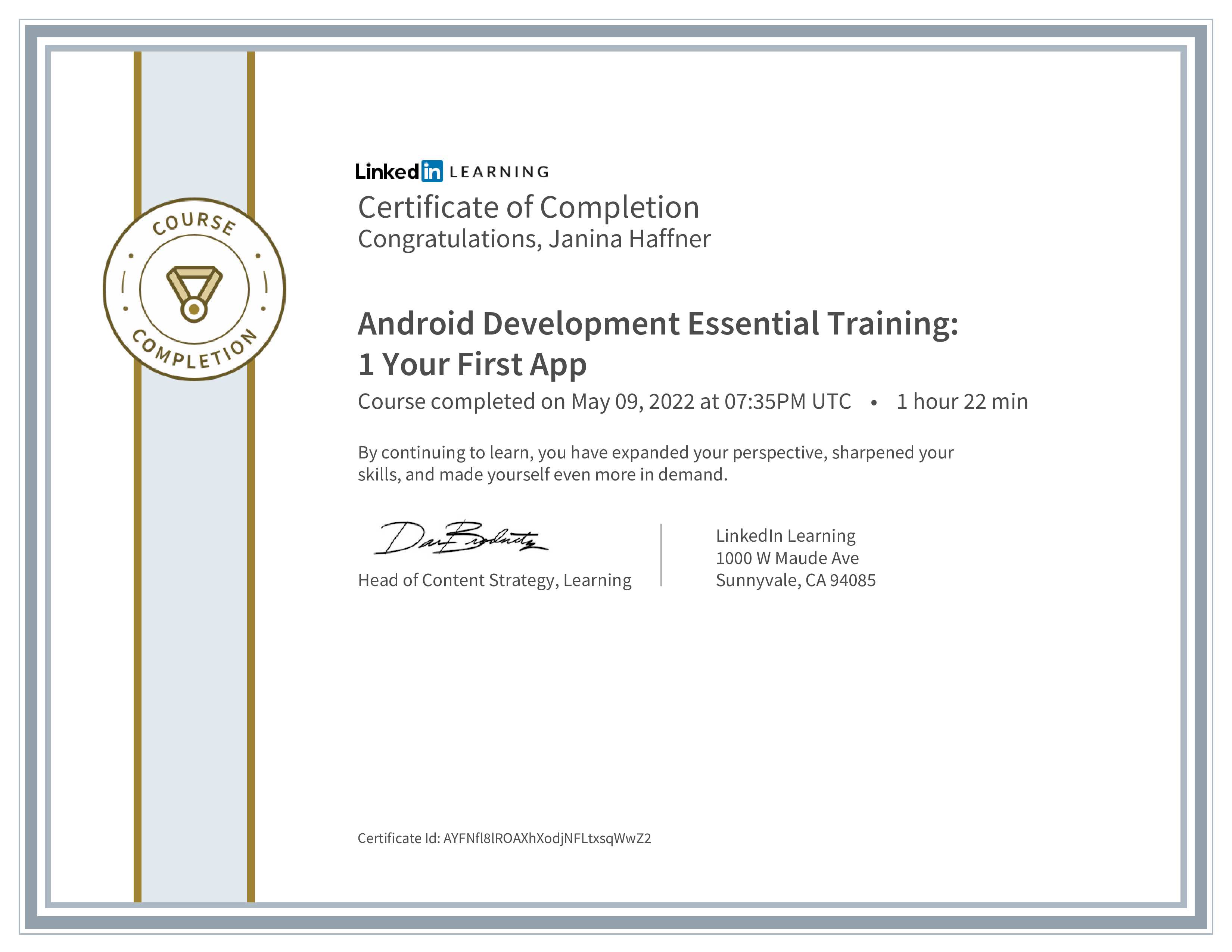 Certificate of Completion - Android Develeopment Essential Training - Your First App