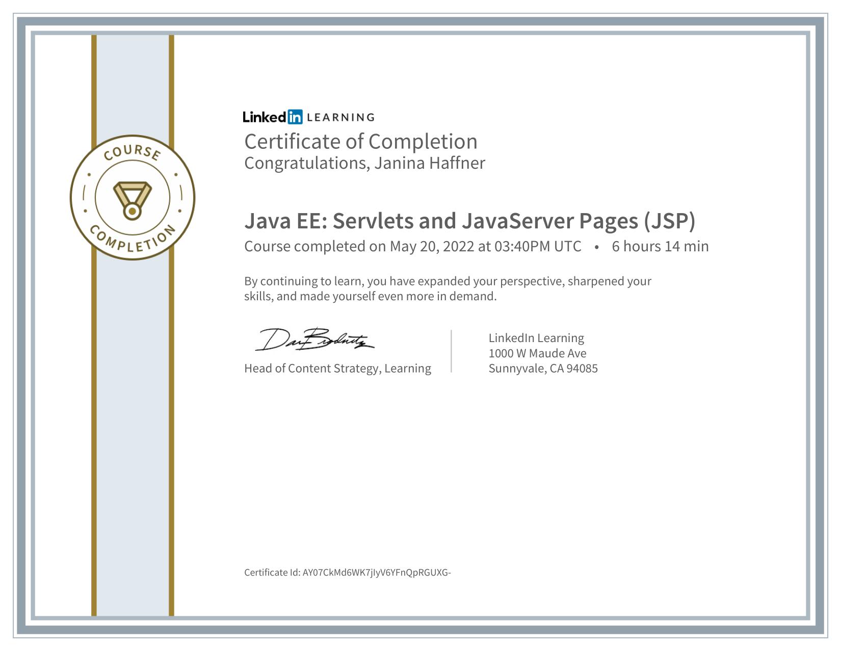 Certificate of Completion - Java EE Servlets and Java Server Pages (JSP)