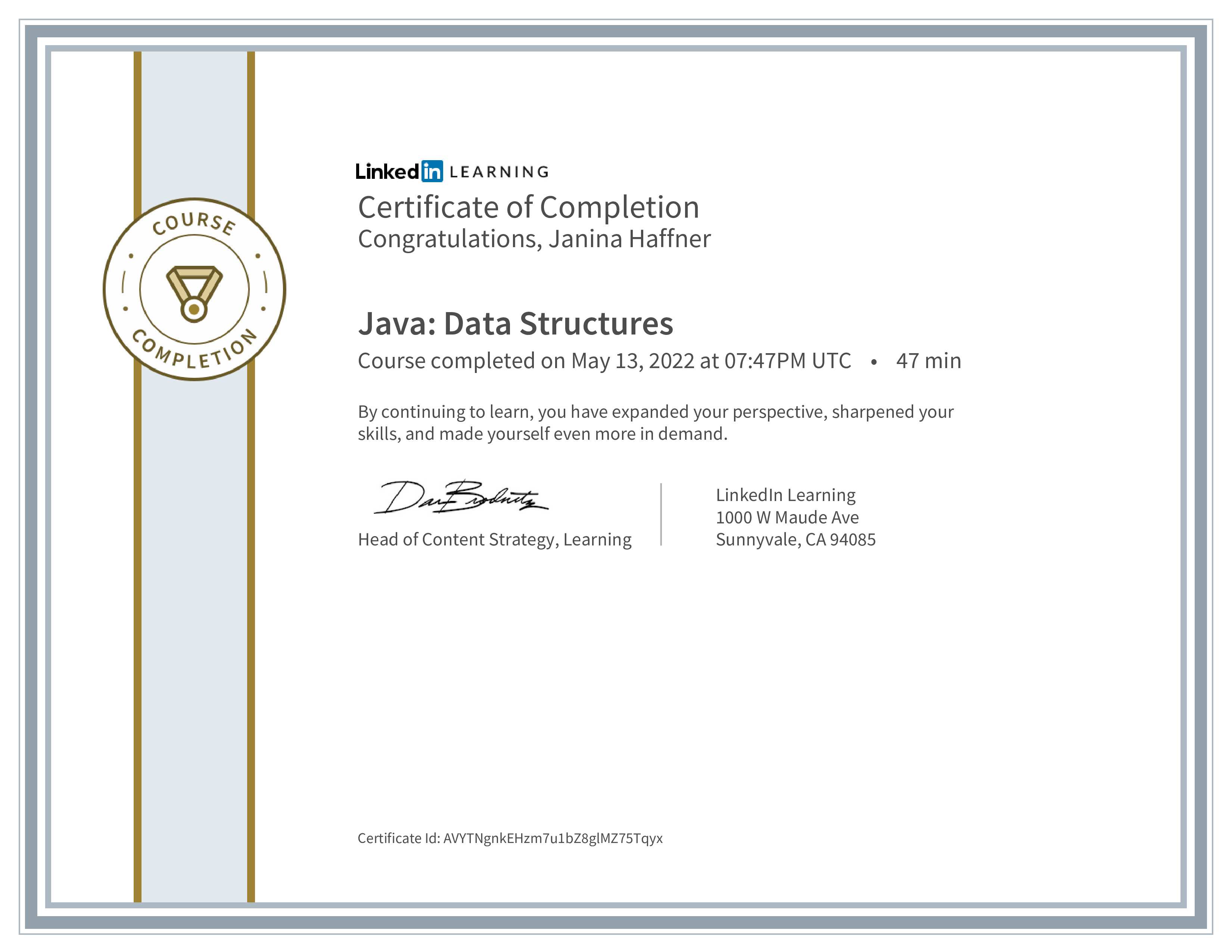 Certificate of Completion - Java Data Structures